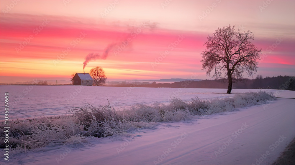 winter landscape, lots of snow during bright sunset, lonely tree, lonely house,