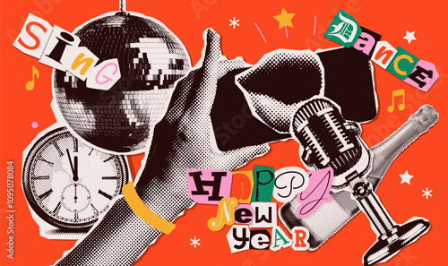 Happy new year 2025 halftone collage elements design set. With disco ball and hands holding phone, mike, champagne bottle. Vector design for poster, banner, greeting and new year 2025 celebration.