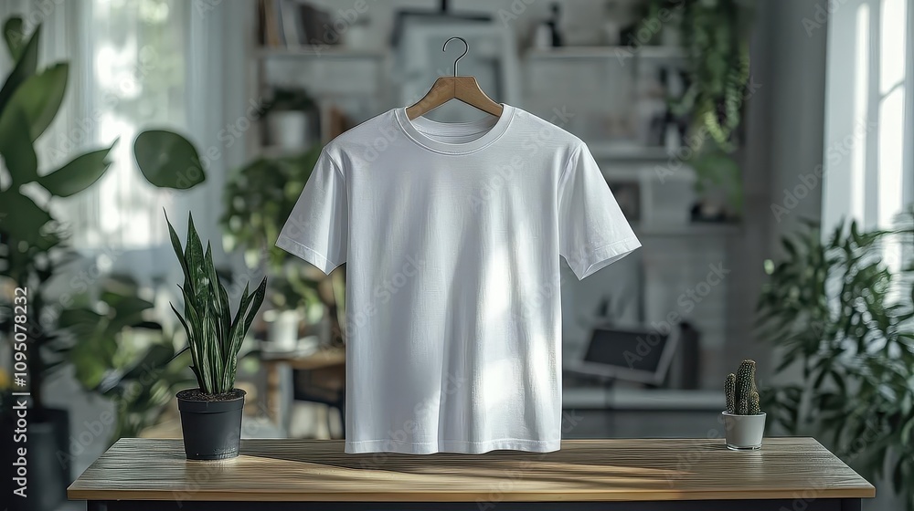 Blank White T-Shirt Mockup: Hanging on a Wooden Hanger, Perfect for Your Design Blank White T-Shirt Mockup: Hanging on a Wooden Hanger, Perfect for Your Design