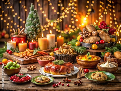 Seasonal Greetings Food Photography Featuring Festive Holiday Dishes and Treats for Celebrating Winter and Fall Festivities with a Cozy Atmosphere and Vibrant Colors