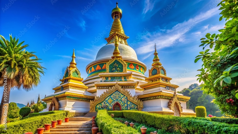 Naklejka premium Serene Architectural Photography of a Majestic Buddhist Stupa Surrounded by Lush Greenery, Capturing Spiritual Essence and Tranquility in a Harmonious Landscape