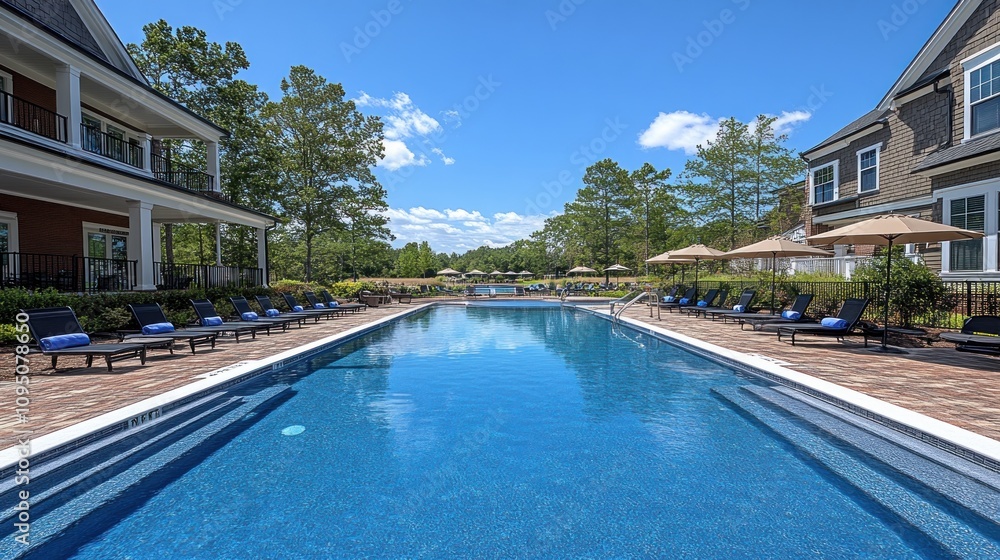Fototapeta premium Resort Pool with Loungers and Trees
