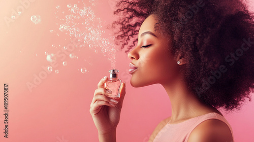PERFUME ADVERTISEMENT, GIRL SNIFFS A BOTTLE