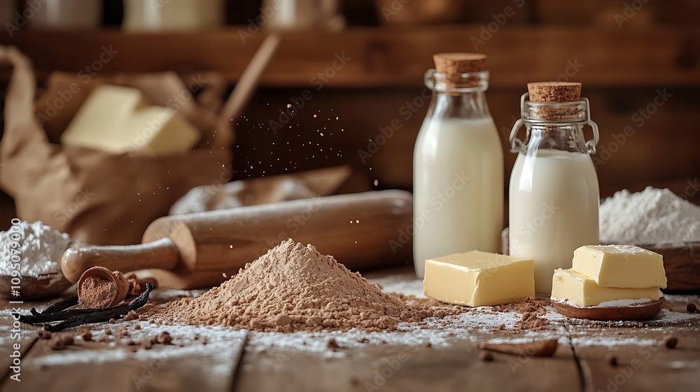 A rustic kitchen flat lay featuring cocoa powder, butter, vanilla extract, and milk bottles symmetrically styled on a wooden table with flour dusting and a rolling pin in the background, A rustic kitchen flat lay featuring cocoa powder, butter, vanilla extract, and milk bottles symmetrically styled on a wooden table with flour dusting and a rolling pin in the background,