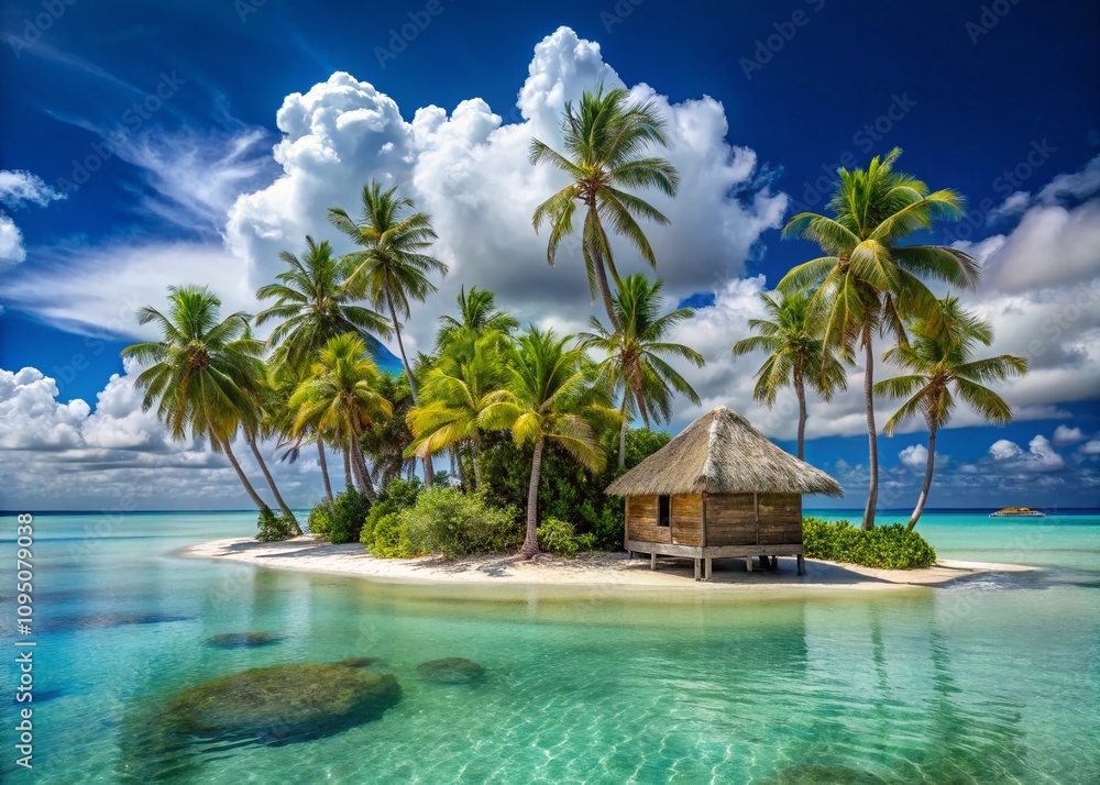 Serene Beach Island Retreat with a Cozy Hut Nestled Among Lush Palm Trees and Crystal Clear Waters, Perfect for Relaxation and Escape from Everyday Life Serene Beach Island Retreat with a Cozy Hut Nestled Among Lush Palm Trees and Crystal Clear Waters, Perfect for Relaxation and Escape from Everyday Life