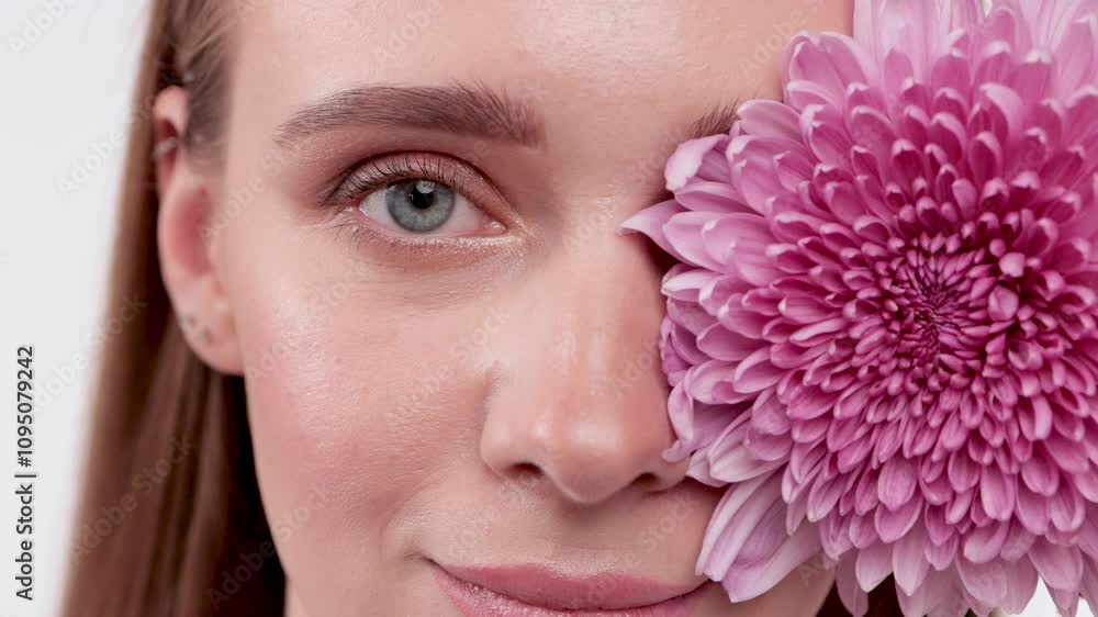 Portrait of attractive girl with healthy clean skin and beautiful make-up. Aesthetic cosmetology and makeup concept.She holds a flower near her face Portrait of attractive girl with healthy clean skin and beautiful make-up. Aesthetic cosmetology and makeup concept.She holds a flower near her face