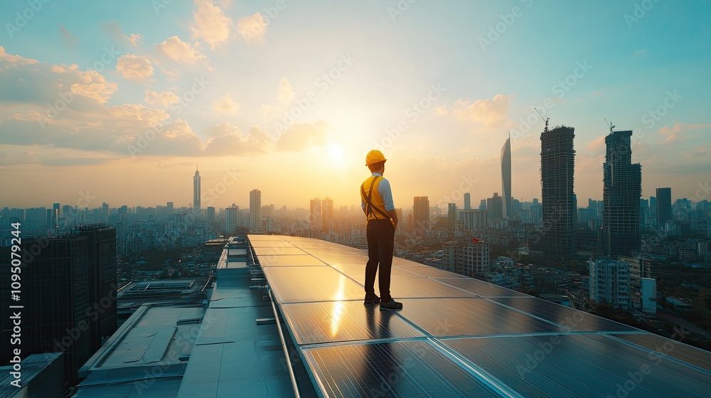 Engineer service check installation solar cell on the roof of factory , Sustainable energy industry concept, Renewable energy solution for climate change. Engineer service check installation solar cell on the roof of factory , Sustainable energy industry concept, Renewable energy solution for climate change.