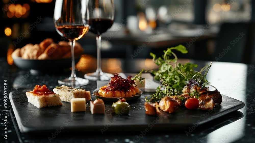 Elegant restaurant setup with wine glasses and appetizers for a romantic dinner Elegant restaurant setup with wine glasses and appetizers for a romantic dinner