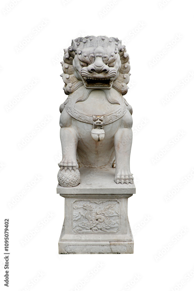 Chinese marble lion isolated on white background. Chinese guardian 'Foo' lion. Chinese marble lion isolated on white background. Chinese guardian 'Foo' lion.