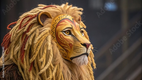 A regal lion mask crafted from golden hues and textured fur highlighted by a mane of cascading yarns and bold facial markings that convey strength and pride. photo