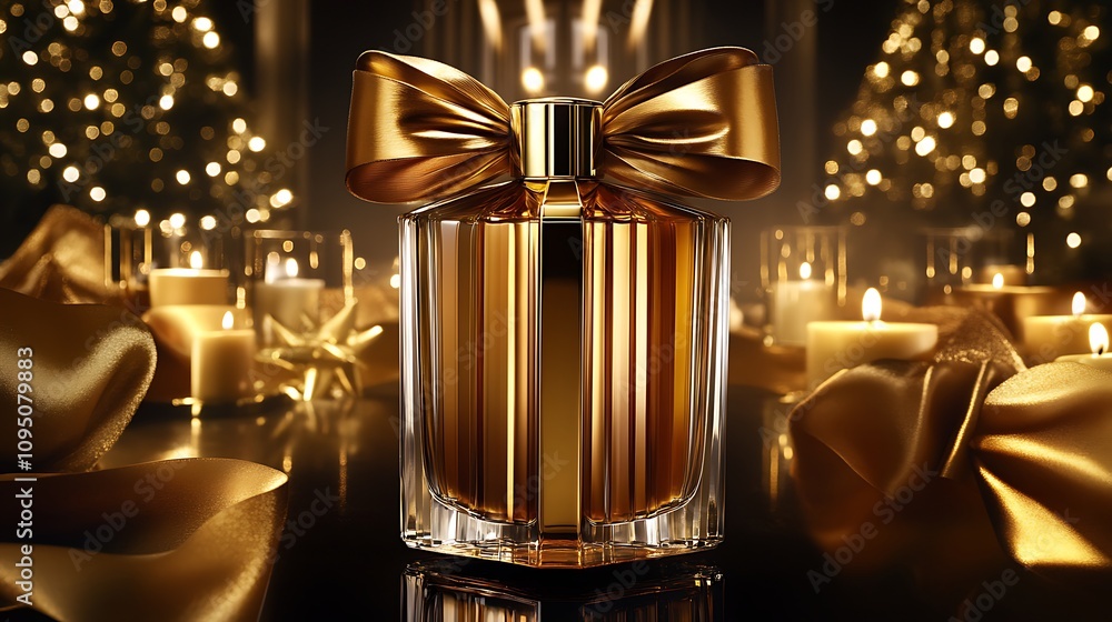 Golden Perfume Bottle with Bow and Candles Golden Perfume Bottle with Bow and Candles
