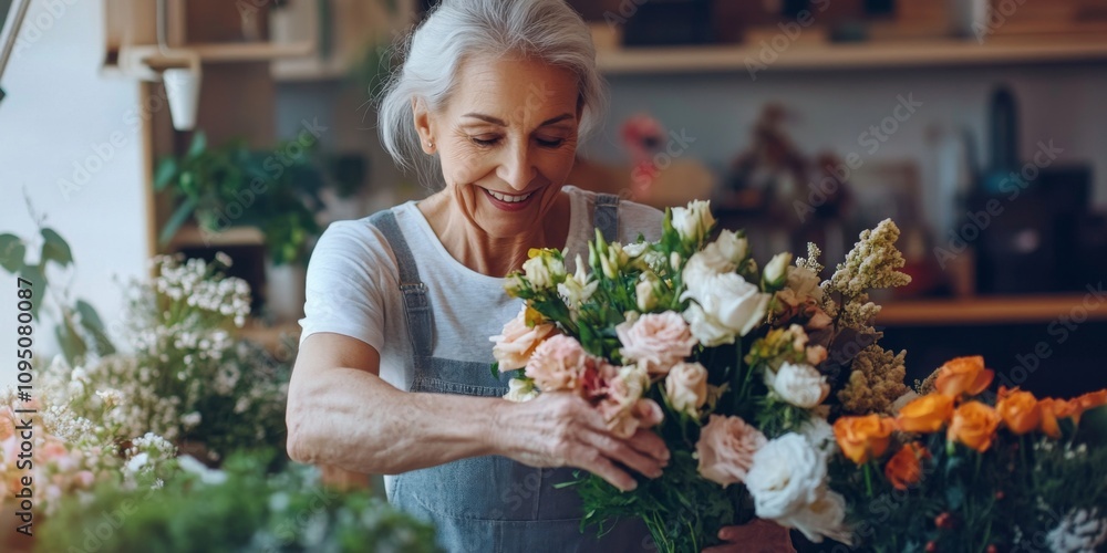 Fototapeta premium A joyful elderly woman arranging a beautiful bouquet of flowers. The vibrant colors and delicate petals create a warm and inviting atmosphere. Perfect for floral design inspiration. AI