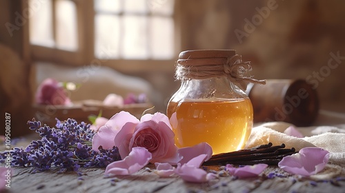 Fototapeta Naklejka Na Ścianę i Meble -  A rustic yet refined composition of lavender buds, rose petals, vanilla pods, and honey jars on a linen cloth-covered table, with warm natural light and a soft, tranquil aesthetic, hd quality,