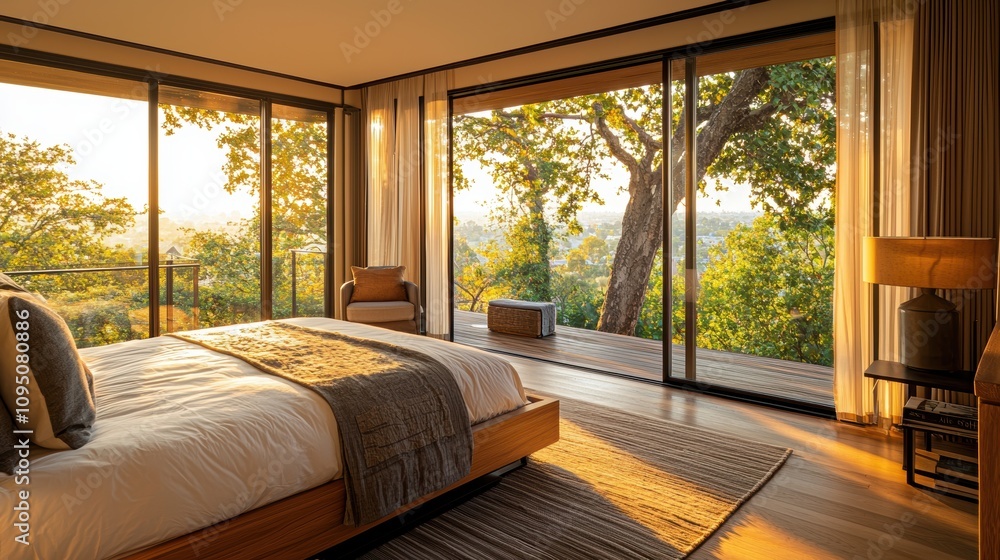 Serene Modern Bedroom with Large Windows Overlooking Nature in Early Morning Light, Featuring Cozy Decor and Inviting Atmosphere for Relaxation and Peace Serene Modern Bedroom with Large Windows Overlooking Nature in Early Morning Light, Featuring Cozy Decor and Inviting Atmosphere for Relaxation and Peace