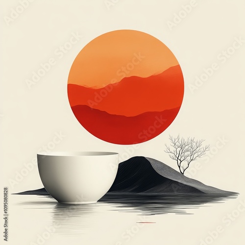 Serene Sunset Landscape with Abstract Bowl and Minimalist Nature Elements Reflecting Harmony and Tranquility in a Dreamlike Composition