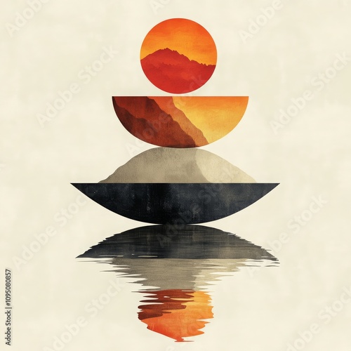 Abstract composition featuring layered bowls of varying colors with a stylized sunset and reflections on water, creating a serene and harmonious visual aesthetic