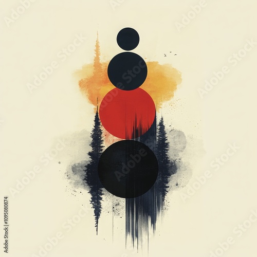 Abstract Geometric Composition Featuring Circles and Natural Elements with a Warm Color Palette and Distinct Forest Silhouettes in an Artistic Presentation
