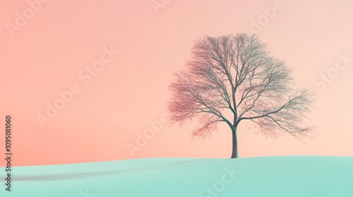 Lonesome Tree Adorned by Soft Pastel Hues Under a Dreamy Twilight Sky in a Serene Winter Landscape