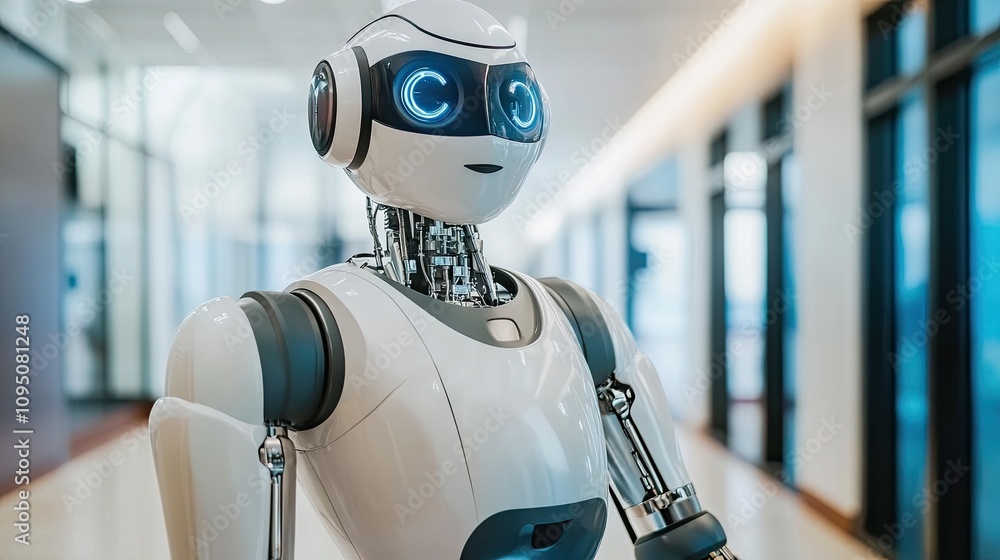 Futuristic humanoid robot with glowing eyes standing in modern office space showcasing advanced technology and innovation in robotics and artificial intelligence Futuristic humanoid robot with glowing eyes standing in modern office space showcasing advanced technology and innovation in robotics and artificial intelligence