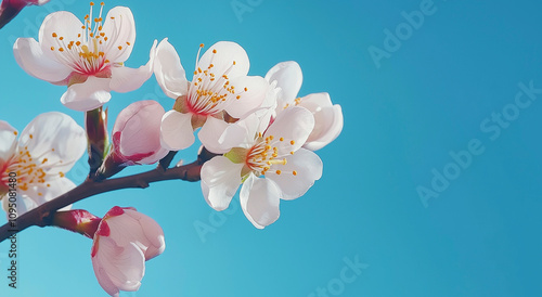 Fotografia vibrante de produtos exibindo flores de ameixa Prunus Mume sob um céu azul brilhante na primavera, destacando a beleza e o frescor da natureza para promoções sazonais photo