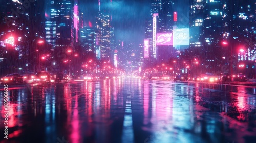 Neon Cityscape with Rain Reflecting on Wet Pavement in a Futuristic Urban Setting