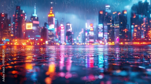 Rainy Night in the City with Neon Lights Reflecting on Wet Pavement