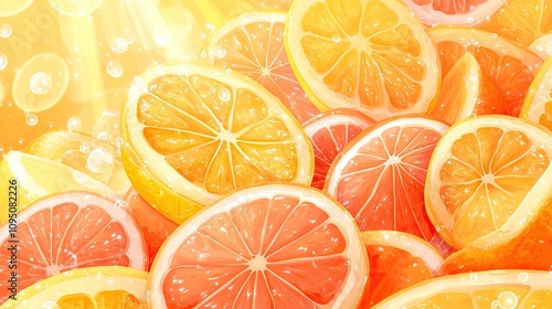 Fresh and Juicy Citrus Slices with Vibrant Colors and Glowing Light, Perfect for Summer Refreshments and Healthy Recipes