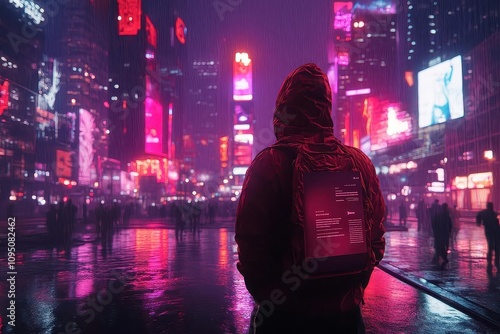 Neon Cityscape: A Person Walks Through the Rain in a City Filled with Bright Lights