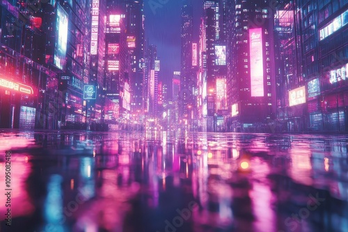 Cyberpunk Cityscape with Neon Lights Reflecting in Wet Pavement