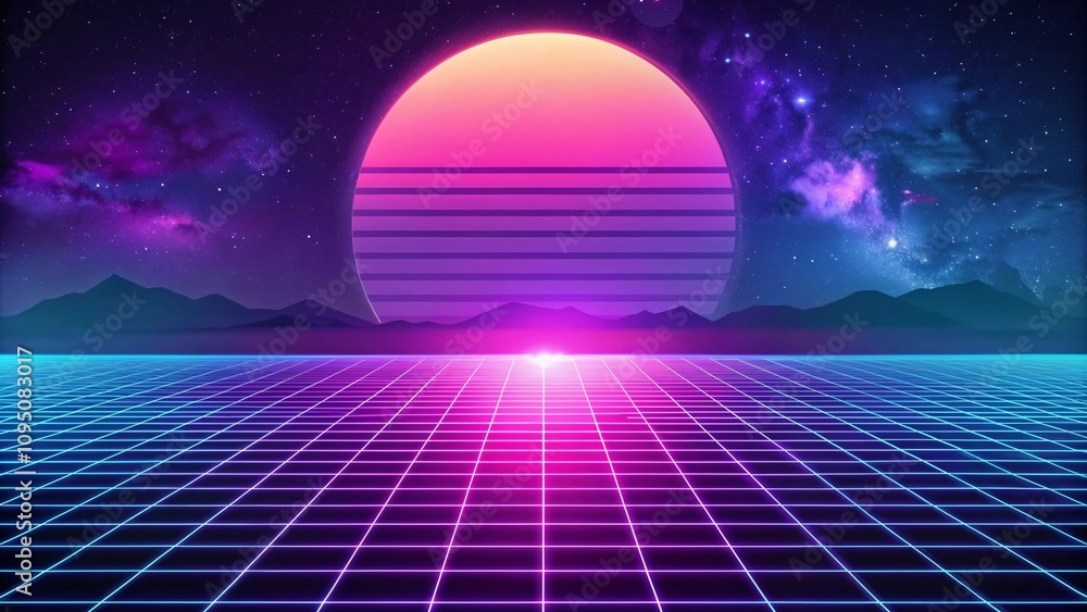 Vaporwave gradient scene with a vibrant sunset over a grid landscape and cosmic background Vaporwave gradient scene with a vibrant sunset over a grid landscape and cosmic background