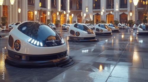 A fleet of AI-driven robotic cleaners autonomously maintaining a futuristic city plaza. The robots efficiently sweep . photo