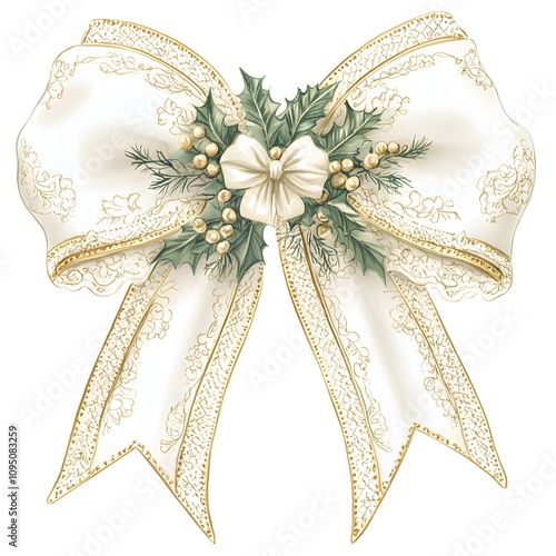 Elegant vintage Christmas bow with lace trim and holly detail, perfect for festive decoration. Isolated on white background