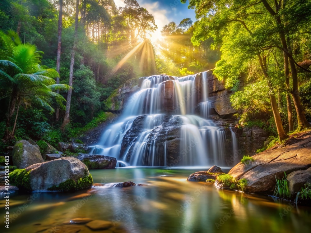 Obraz premium Serene Long Exposure of Crystal Cascades in Queensland, Showcasing the Majestic Flow of Water Among Lush Greenery and Rock Formations Under a Clear Blue Sky