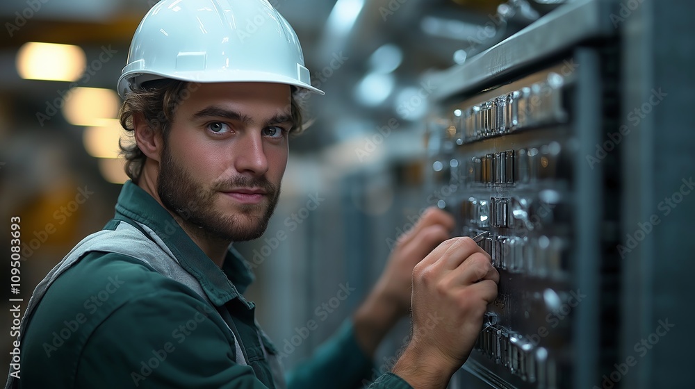 Young male engineer in a hard hat working on a control panel in a factory, symbolizing precision, technology, and industrial expertise Young male engineer in a hard hat working on a control panel in a factory, symbolizing precision, technology, and industrial expertise