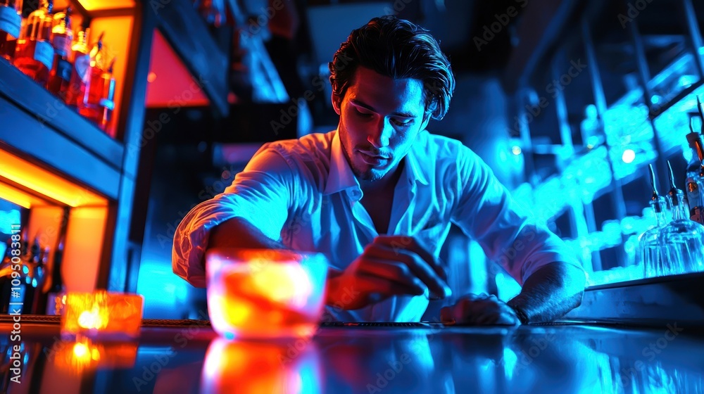 Fototapeta premium A Bartender Skillfully Preparing a Colorful Cocktail in a Trendy Bar with Atmospheric Lighting and Vibrant Colors at Night