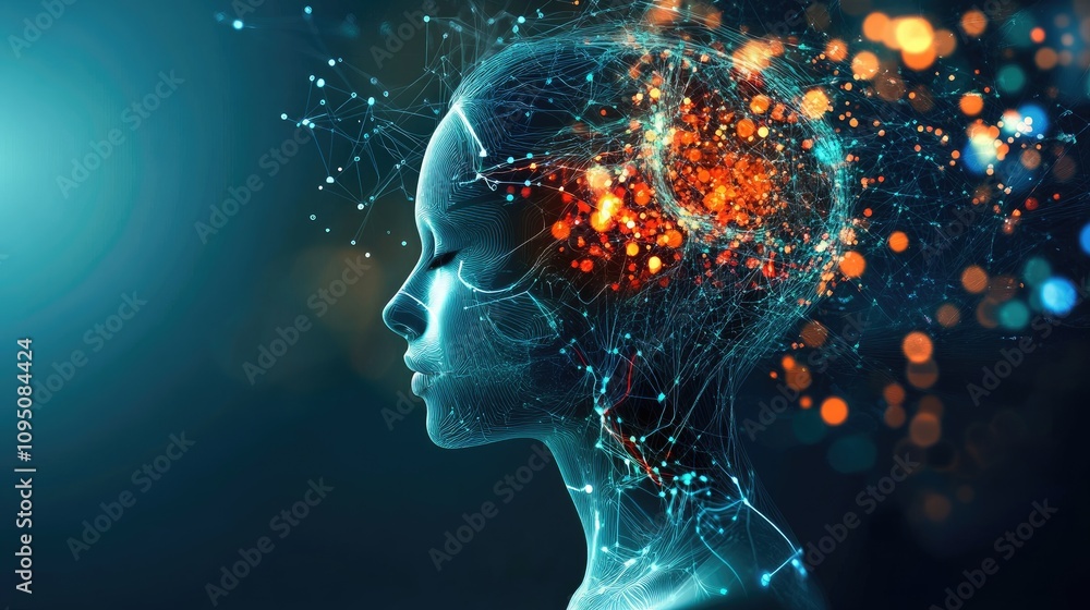 Abstract Profile of a Futuristic Woman with Glowing Neural Connections and Colorful Light Orbs Representing Artificial Intelligence and Digital Transformation Abstract Profile of a Futuristic Woman with Glowing Neural Connections and Colorful Light Orbs Representing Artificial Intelligence and Digital Transformation