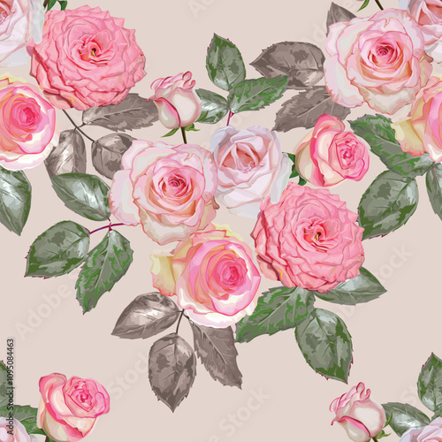 Pink Roses Bouquet Seamless Pattern Vector Illustration