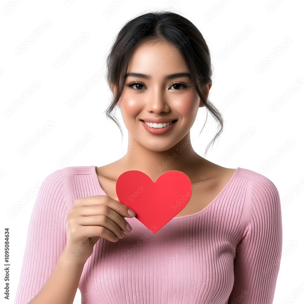Beautiful woman showing a red heart - love concept on transparent background Beautiful woman showing a red heart - love concept on transparent background
