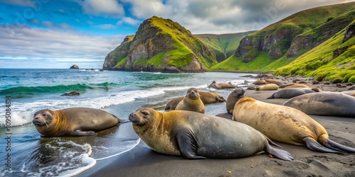 Serene Minimalist Capture of Elephant Seals Resting on the Rocky Shores of Macquarie Island in the Southern Ocean, Showcasing Nature's Tranquility and Wildlife Beauty