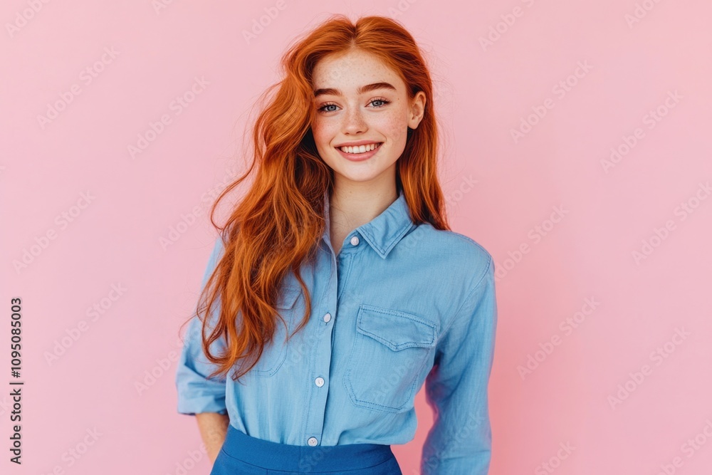 A woman with long red hair is seen wearing a blue shirt, providing an image of casual attire A woman with long red hair is seen wearing a blue shirt, providing an image of casual attire
