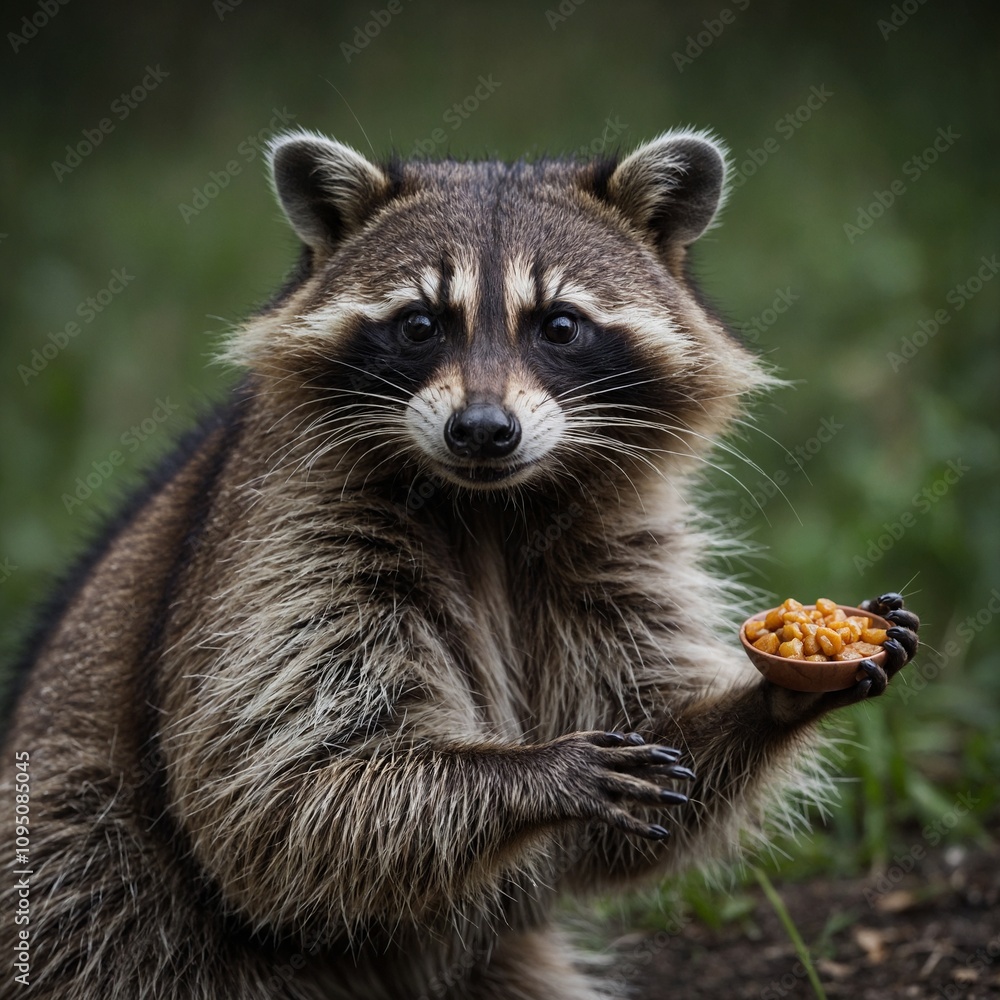 A raccoon with its tiny paws holding invisible food. A raccoon with its tiny paws holding invisible food.