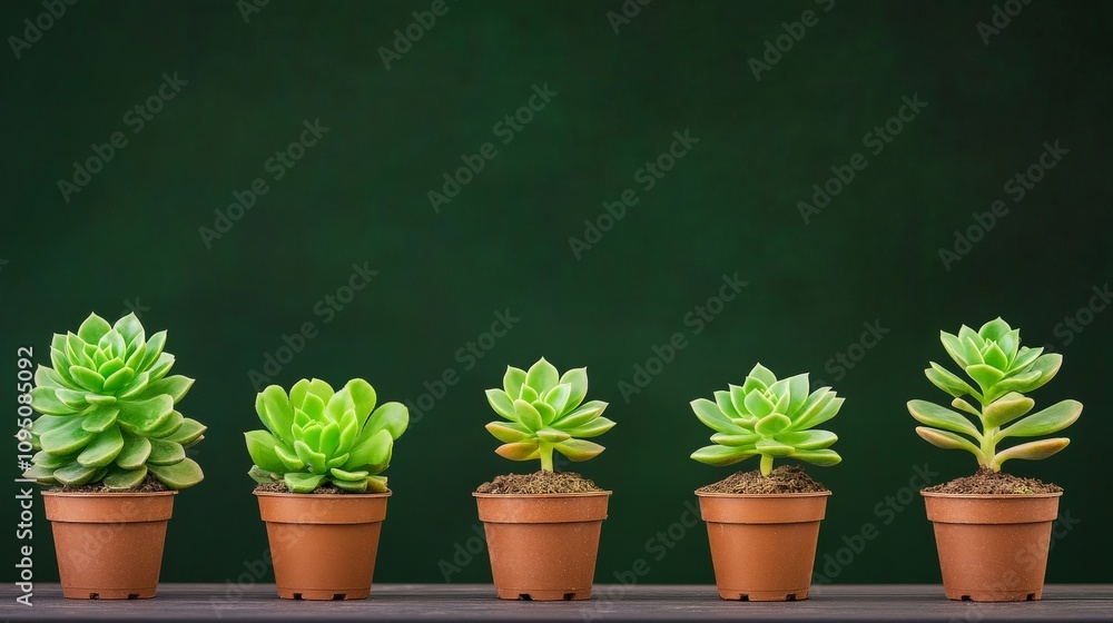 Five vibrant green succulents in terracotta pots against a dark background, showcasing a clean and modern aesthetic. Five vibrant green succulents in terracotta pots against a dark background, showcasing a clean and modern aesthetic.