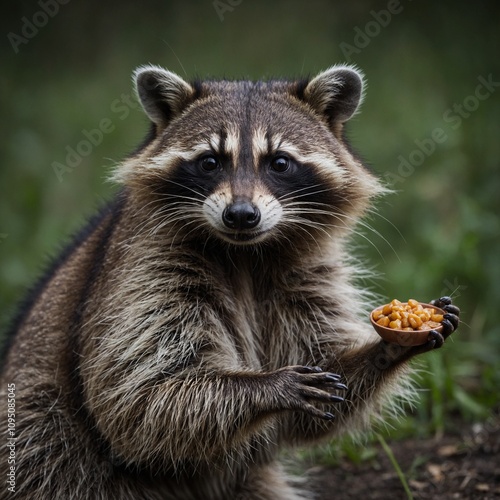 A raccoon with its tiny paws holding invisible food.