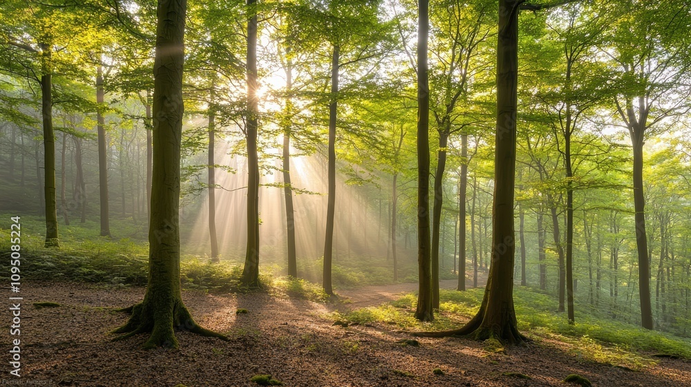 Naklejka premium Serene Sunlight Streaming Through Lush Green Forest Canopy with Misty Atmosphere, Capturing the Beauty of Nature in a Tranquil Woodland Setting
