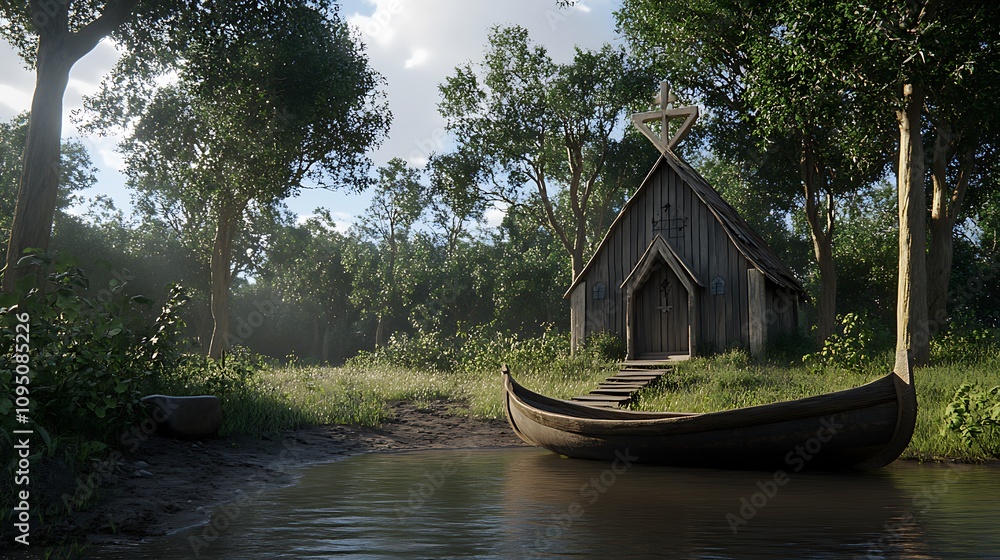 A Wooden Church and Rowboat in a Forest Clearing A Wooden Church and Rowboat in a Forest Clearing