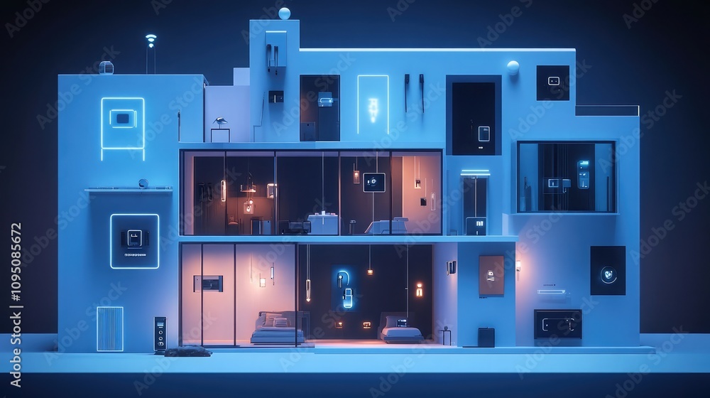 A fully automated smart home security system with multiple interconnected devices, including AI-powered cameras, motion sensors, and smart locks. A fully automated smart home security system with multiple interconnected devices, including AI-powered cameras, motion sensors, and smart locks.
