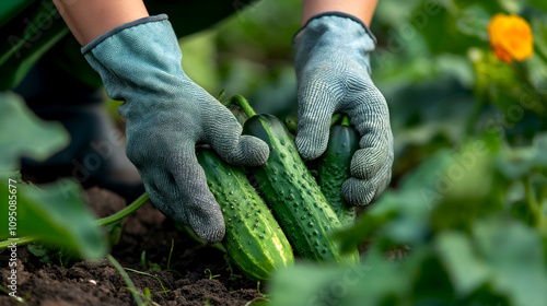 Gardener holds ripe tomatoes in gloved hands, goof for promoting organic produce, seasonal harvests, and home gardening, and healthy eating concepts. Hands in gardening gloves holding fresh tomatoes