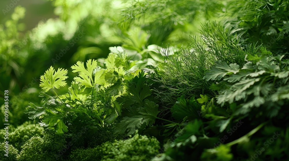Fresh Green Herbs Close-Up, Featuring Cilantro, Parsley, Dill, and Various Leafy Greens for Culinary and Gardening Inspiration Fresh Green Herbs Close-Up, Featuring Cilantro, Parsley, Dill, and Various Leafy Greens for Culinary and Gardening Inspiration