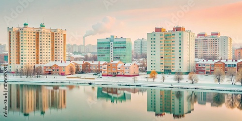 Serene Minimalist View of Shchukino: A Tranquil Urban Landscape Captured in Simple Lines and Soft Colors, Emphasizing the Beauty of Everyday Life in a Modern City Setting photo