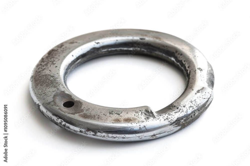A single metal ring sits on a white surface, ready for use or display A single metal ring sits on a white surface, ready for use or display